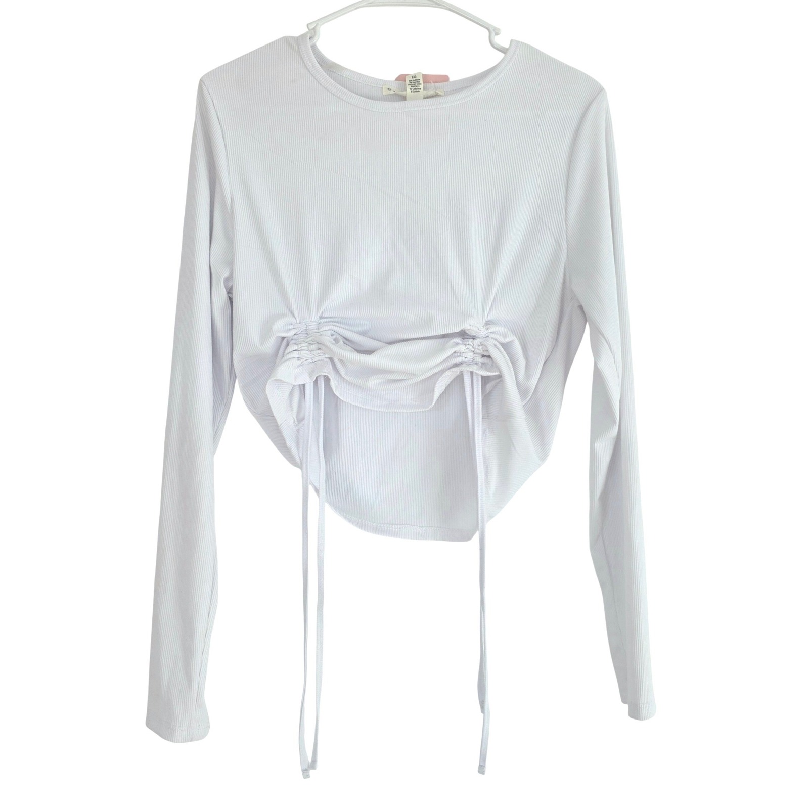 Eye Candy Ribbed Knit Long Sleeve Ruched Crop Top White Xl